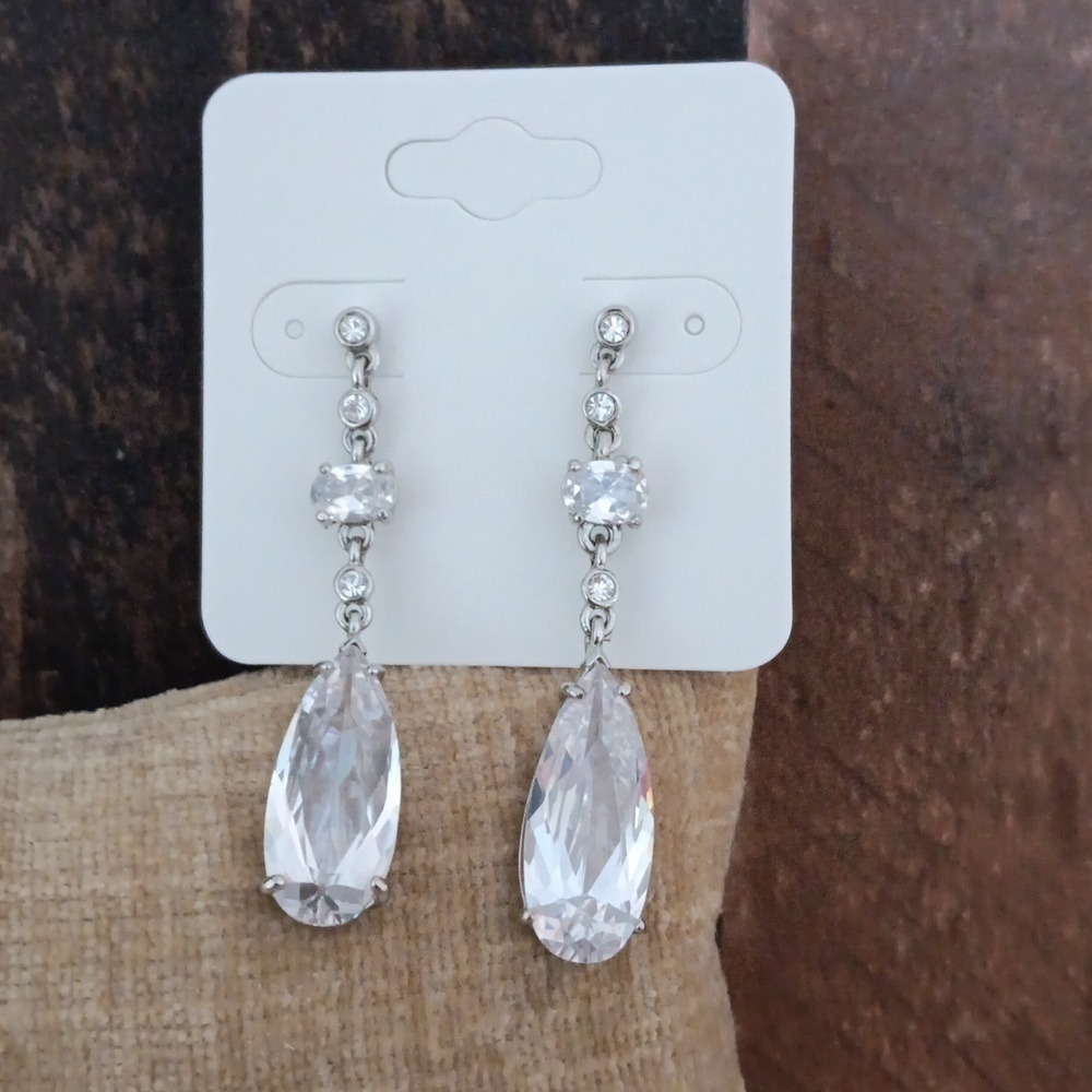 Silver Tone Rhinestone Dangle Drop Earrings - Picture 4 of 4